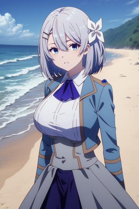 masterpiece, best quality, highly detailed, sakunamem, blue eyes, grey hair, short hair, hair between eyes, hair flower, hair ornament, hairclip, large breasts, parted lips, white shirt, blue ascot, blue jacket, collared shirt, grey skirt, cowboy shot, outdoor, beach, day, water, <lora:sakuna-03:1>