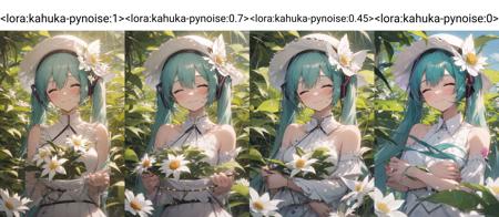 kahuka1, 1girl, solo, long hair, hatsune miku, dress, flower, hat, white dress, closed eyes, holding hat, holding, hat removed, smile, upper body, white flower, leaf, holding clothes, sun hat, headwear removed, bare shoulders, very long hair, aqua hair, twintails, closed mouth, facing viewer, bangs
 <lora:kahuka-pynoise:1>