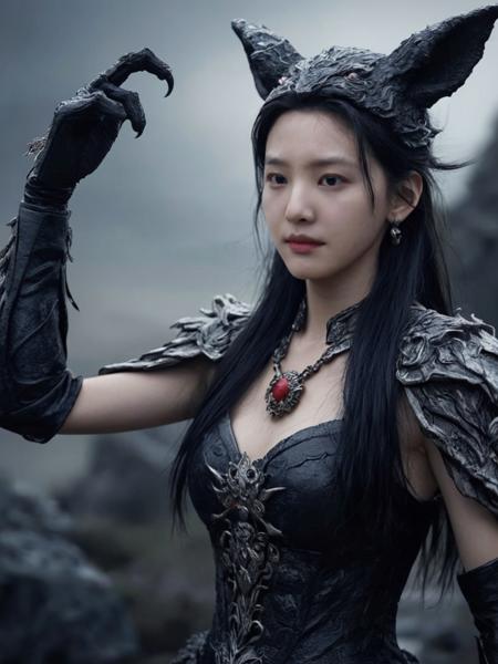 realistic, Skin Textures, High Resolution,  Cinematic,<lora:zrn2_ej_JuggXL_1:0.6> zhangruonan woman, jewelry,earrings,animal costume,A dark and evil land,dynamic pose