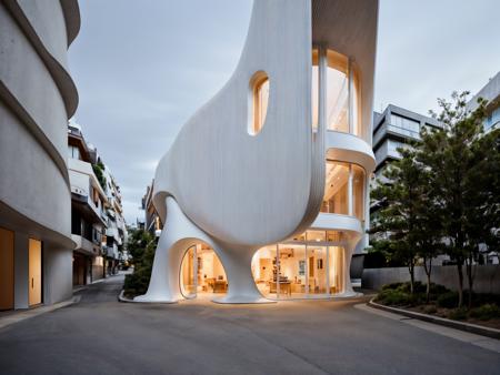 <lora:Arc_v5:0.65>, RAW photo, (tiny curvy crafted house in the city center by Kengo Kuma), pastel-colored neon lights, curvilinear, Tokyo city center, Japanese style, , white sky, cinematic lighting, (diffused light:1), light grey concrete, fog, architecture photography, hyper realistic, super detailed, 8k, Nikon Z6 Mirrorless Camera, film grain