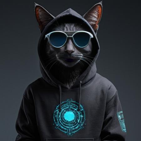 Radiant Darkness, A cybernetic cat wearing a black hoodie and sunglasses<lora:Radiant_Darkness:1>