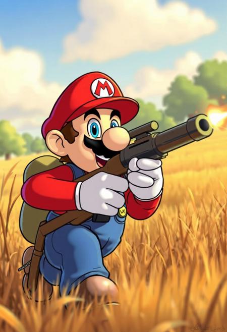 logo avec mario qui chasse a la campagne avec son fusil