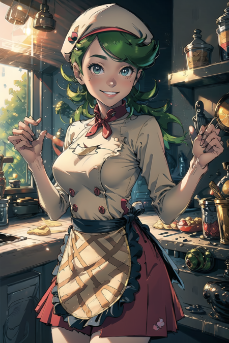 masterpiece, best quality, <lora:MallowLora-15:0.7>, mallow \(pokemon\), medium breasts, beige shirt, apron, beige hat, smile, red skirt, kitchen, rustic, country kitchen, buttons,