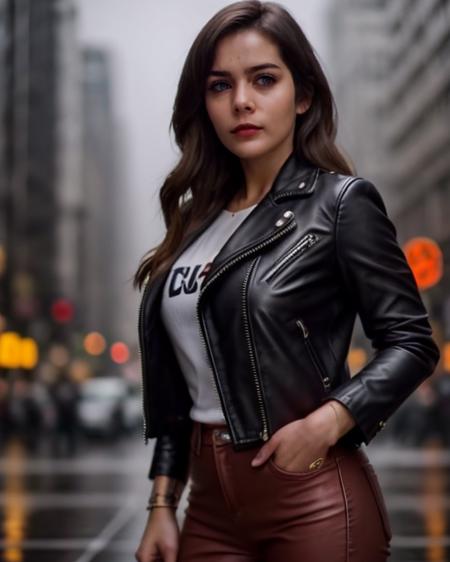 Woman in a leather jacket, against the background of a rainy city <lora:AlisSelezNew200:0.7> <lora:detail_slider_v4:2>, maximum details