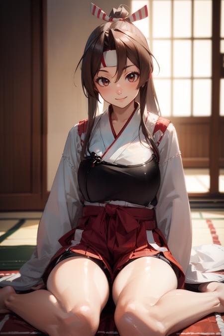 realistic, best quality, photorealistic, masterpiece, 8k, absurdres, extremely detailed face, 1girl, smile, <lora:Zuiho_v03:0.8:OUTD>, Zuiho, red_hakama, ((muneate:1.2)), red_shorts, dojo, sitting, seiza, from the front,