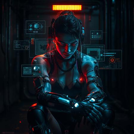 A cyberpunk female operative enhanced with high-tier cyberware, seated in a dimly lit industrial room, head down, arms trembling, visibly drained.
Her eyes glow faintly, projecting fragmented holographic UI panels around her — ghost interfaces from the extranet still flickering mid-air.
Her body shows signs of long-term integration stress: exposed neural links, burnt-out ports, and glitching implants under her synthetic skin.
She’s half-present — lost between the real world and the cyber dimension, digital glitches distorting the air around her.
Her environment reflects her burnout: screens full of static, leaking cables, soft neon reflections off cold metal walls.
Brutally realistic lighting, cinematic shadow play, photorealistic cyberpunk dystopia, emotional tension, detailed textures, 8K ultra-quality.