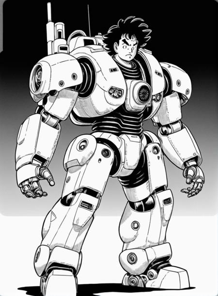 <lora:Akira_Toriyama_vehicle:1> a middle age Japanese businessman controlling military exoskeleton, full body, heavy weapon, cool, manga, hand drawing, black and white colour, blank background, <lora:add-detail-xl:1.2>, detailed, complex, akira toriyama style, vehicle design, cute