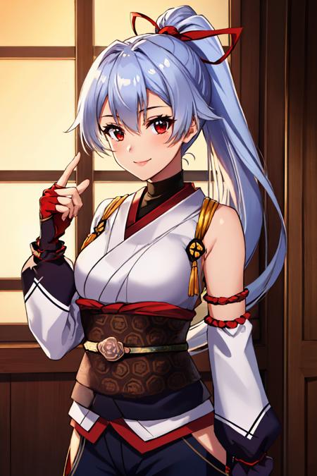 tomoedef, ponytail, hair ribbon, japanese clothes, kimono, sash, obi, armor, detached sleeves, red gloves, fingerless gloves, hakama pants, hip vent tomoswim, ponytail, blue bow, hair bow, multicolored clothes, blue jacket, short sleeves, two-tone swimsuit, thigh strap