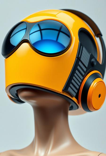 The figure's head is encased in a streamlined helmet, predominantly yellow with black accents. The helmet appears highly polished, with a smooth, almost glossy finish. Integrated into the helmet are large, circular, reflective lenses that cover the eyes entirely. The lenses glow with blue hue, giving off a cool, futuristic aura. These oversized goggles suggest an augmented reality or heads-up display function, typical of high-tech environments. Around the figure’s ears are sleek, futuristic headphones, which are seamlessly built into the helmet design. These headphones are primarily orange with grey, horizontal stripes along the side, indicating an interface for communication or audio enhancements. The skin tone appears smooth and artificial, hinting at synthetic or modified human characteristics