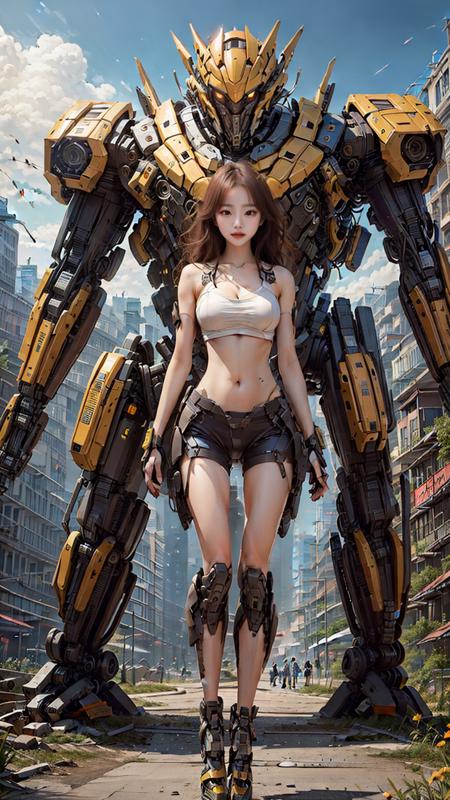 <lora:fantasticmixReal_v30:0.5><lora:koreandolllikenessV20_v20:0.5>( pureerosface_v1:0.5),mustee,Korean Doll,
Realistic photography,High quality,8k resolution,real photos,A mech girl with long hair,brown hair,medium breasts,,chinese girl,tight fitting,navel,shitu-mecha behind the girl,((Picture of the battle,Fireworks,Sparks,Smoke,Explosion,)),full body,mysterious,photon mapping,radiosity,physically-based rendering,delicate realism,
<lora:shitu-mechaV24:0.5>,shitu-mecha,<lora:mecha_V2:0.3>,<lora:Niji:0.3>,(Sunny day:1.2),(Afternoon on the street:1.1),Yellow Style,