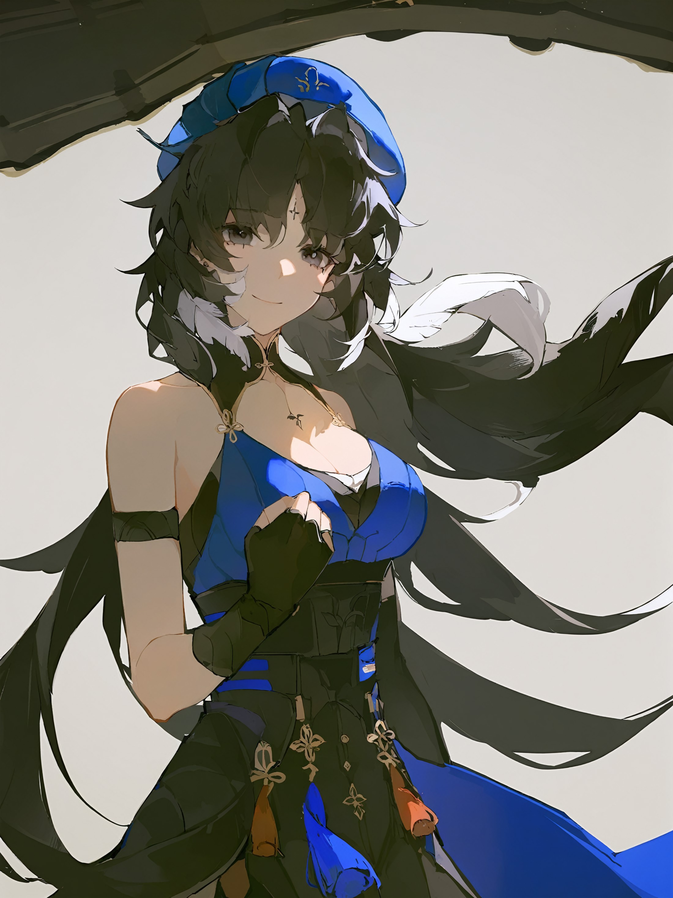 1girl, 
yangyang \(wuthering waves\),  
solo, black eyes, looking at viewer, hat, blue hat, upper body, white background, ...