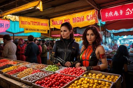 raw photo of a bustling flea market on Mars, inspired by the vibrant and dynamic style of James Gunn's films. In the midst of the chaos, focus on a brunette woman in a sleek, sci-fi jumpsuit. She's bartering intensely with an alien vendor over an exotic, glowing artifact. Her expression is one of sharp cunning and determination, capturing the lively and irreverent spirit typical of Gunn's characters. The market around her is a kaleidoscope of alien species, makeshift stalls, and colorful goods, all under the rust-red Martian sky. Her suit is detailed with futuristic gadgets and vibrant accents that stand out in the eclectic environment. The lighting is bright and dramatic, highlighting the vivid colors and the animated expressions of the market's inhabitants, creating a scene that's both otherworldly and intimately human