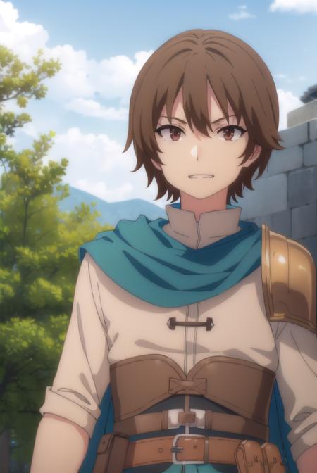 keyaru, <lora:keyaru s1-lora-nochekaiser:1>,
keyaru, short hair, (brown eyes:1.5), brown hair, male focus, smile, grin,
BREAK cape, armor,
BREAK outdoors, forest, nature, grass, trees, sun, sky, clouds,
BREAK looking at viewer, (cowboy shot:1.5),
BREAK <lyco:GoodHands-beta2:1>, (masterpiece:1.2), best quality, high resolution, unity 8k wallpaper, (illustration:0.8), (beautiful detailed eyes:1.6), extremely detailed face, perfect lighting, extremely detailed CG, (perfect hands, perfect anatomy),