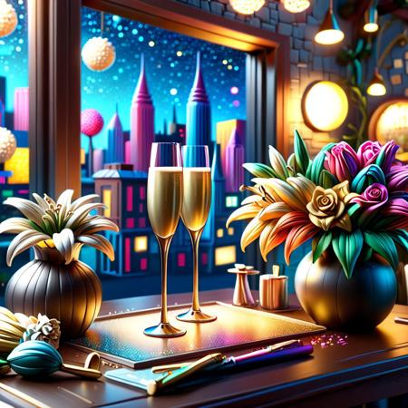 two glasses of champagne, chocolate, vase with roses and lilies on the table, restaurant, night sky, neon signs outside the window, night city, small details, glitter, charming, cartoon, charming, 3D, cute and whimsical, fantasy, bokeh, hand-drawn, digital painting, bright lighting, focus on the character, 4K resolution, photorealistic rendering, high quality details, vector image, photorealistic masterpiece, professional photography, floral background, isometry, bright vector, using cinema 4D, 8k