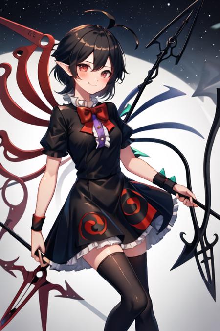 best quality, masterpiece, highres, solo, {houjuu_nue_touhou:1.15}, black_hair, wings, asymmetrical_wings, red_eyes, short_hair, bow, smile, 1girl, black_dress, blue_wings, bowtie, dress, frills, holding, holding_weapon, polearm, red_bow, red_bowtie, red_wings, short_sleeves, snake, trident, weapon, bangs, black_thighhighs, blush, looking_at_viewer, short_dress, thighhighs, ahoge, wristband