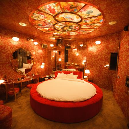 retro_lovehotel, scenery, japan, indoors, pillow, lamp, still life, ceiling light, 