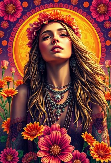 Masterpiece. beautiful hippie woman, sixties, poster, inspiring, hippie, flower power, peace and love symbol, summer of love, lsd, acid trip, high-res, semi realistic, best quality, intricate details, ultra details, good lighting, vibrant colors, very detailed, octane render, ray tracing