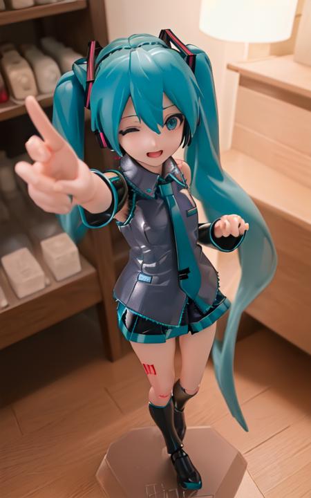 (masterpiece, best quality, absurdres, foreshortening, from_above, fisheye:1.2), a highly detailed full body (figma:1.1), (hatsune miku:1.2), 1girl, solo, [[realistic]], extremely detailed background