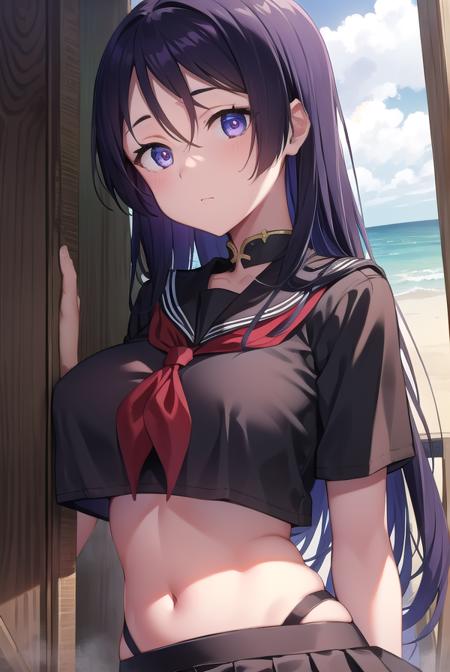 fgoraikou, <lora:raikoutest:1>, raikou, long hair, parted bangs, (purple eyes:1.1), purple hair, (large breast:1.2)
BREAKblack sailor collar, black serafuku, black shirt, black skirt, crop top, crop top overhang, long skirt, navel, neckerchief, rope, sailor collar, school uniform, serafuku, shirt, short sleeves, skirt, thighs, underboob,
BREAK outdoors, beach,
BREAK looking at viewer, 
BREAK <lora:GoodHands-vanilla:1>, (masterpiece:1.2), best quality, high resolution, unity 8k wallpaper, (illustration:0.8), (beautiful detailed eyes:1.6), extremely detailed face, perfect lighting, extremely detailed CG, (perfect hands, perfect anatomy),