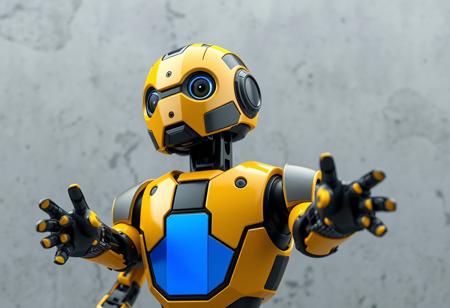 An award-winning, hyperrealistic 4K close-up photograph of a toy robot, meticulously rendered with Octane Render and Unreal Engine 5. The main subject, a yellow and black robot with a vibrant blue stripe on its chest, is presented with lifelike details and a handcrafted precision. Its head is subtly tilted left, showcasing beautiful detailed eyes (interpreted as sensors), and its arms are outstretched in a dynamic action pose, conveying a proactive expression and a certain 'sexy look' through sleek design. The texture of its metallic casing reflects the highest quality, with sharp lines and subtle brush strokes (digital texture strokes). The background is a stark, gray concrete wall, rendered as a beautiful matte painting, providing a dramatic contrast. Captivating lighting creates vivid emotions and a joyful impact. The impeccable composition, utilizing a creative angle and balanced editing, emphasizes intentional focus on the robot. Multi-colored, harmonious, complementing colors define its contemporary aesthetics. Trending on ArtstationHQ and CGSociety, this overdetailed digital art piece, conceived as concept art, achieves the most beautiful image ever created, embodying subtle details and a powerful message. Golden Ratio. Well-timed moment. Beautiful scenery (abstracted from concrete).