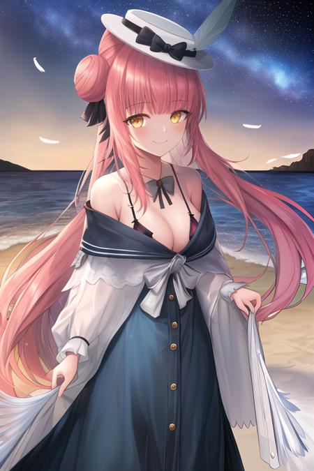 masterpiece, best quality, highres, solo, {night:1.10}, {starry sky:1.10}, beach, beautiful detailed sky, {extremely detailed background:1.20}, mature, {ceylon_arknights:1.10}, long_hair, bangs, pink_hair, feather_hair, feathers, hat, white_headwear, blue_feathers, hair_bun, yellow_eyes, bow, smile, hat_bow, black_bow, very_long_hair, {standing:1.10}, looking at viewer, {bikini:1.30}, light smile