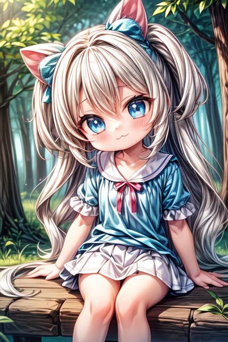 EarthKawaii, masterpiece, 1girl, sitting, :3, closed_mouth, solo, long hair, wavy hair, white hair, blue eyes, blue_frilled_shirt, white_skirt, head tilt, forest, looking at viewer