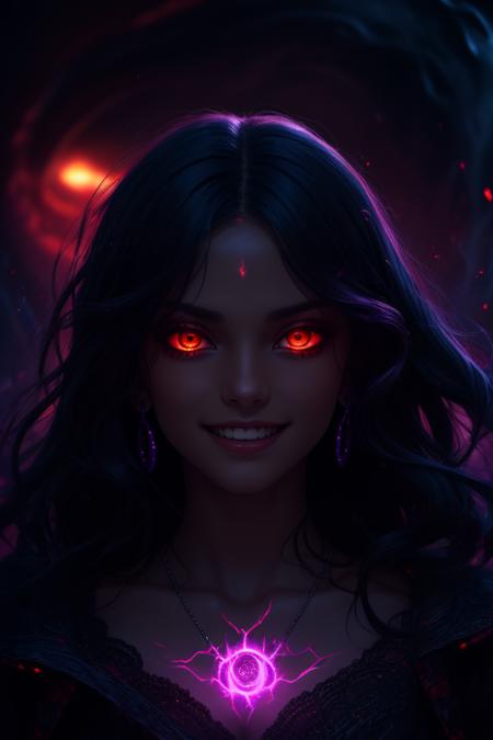 beautiful detailed portrait, dark-skinned sexy demon girl, long wavy black hair, beautiful detailed face, orange glowing eyes, devious grin, purple dark raging energy waves swirling, dark arcane magic, best quality, extemely detailed, cinematic, ((dark lighting, dark ambiance, middle of the night))