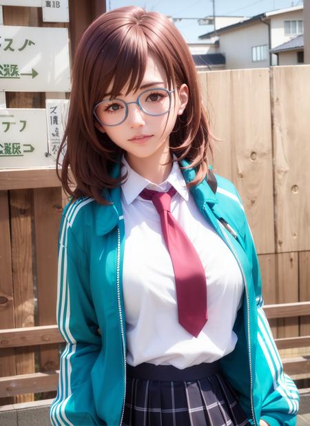 masterpiece, (photorealistic:1.5), best quality, beautiful lighting, real life,  <lora:yuzuriha_maimai-10:1>, yuzuriha_maimai, thick eyebrows, brown hair, green eyes, medium hair, glasses, round eyewear, track jacket, green jacket, open jacket, white shirt, collared shirt, shirt tucked in, pink necktie, pleated skirt, black skirt, outdoors, japanese, teen, upper body