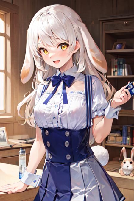 best quality, ultra detailed, beautiful detailed face, perfect anatomy, 1girl, solo focus, whole body shot, long hair, yellow eyes, two floppy rabbit ears, white shirt, Puffing up sleeves, white frilled short sleeves, blue short pleated skirt, suspenders skirt, <lora:radiyu_Streamer:1>,