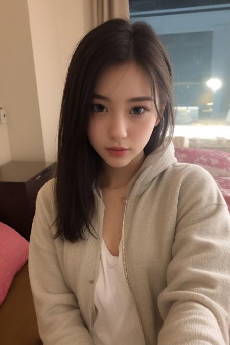 29 yo girl, Korean beauty, short hair, brunette, close-up, girl next door, baggy clothes, night, interior,