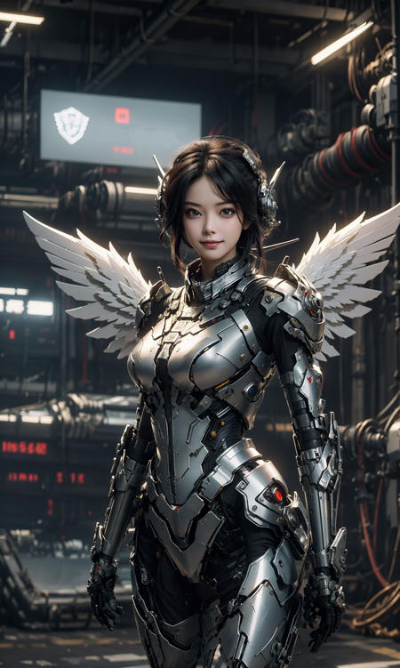 masterpiece,(bestquality),highlydetailed,ultra-detailed,1girl,(mechanicalwings:golden,glowingeyes:blue,silverarmor:1.2,elongatedears:0.8),(cyberpunkcity:1.5,weapon:energyblade),(fantasylandscape:1.2,natural lighting:1.5,confidentexpression),(panorama:1.2),mecha, smile,<lora:机甲少女:0.5>,angle,Angels, wings, <lora:天使V1:0.3>