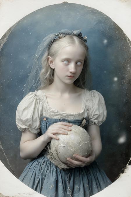 antique photograph, a beautiful albino, petite, wild, tangled hair, ragged, patchwork clothing, in the snow, holding an orb filled with glowing blue stars, blossom, cobwebs, moon, extreme long shot , <lora:whiteeyes_11-04:1> whiteeyes