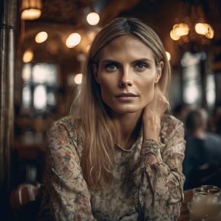 <lora:heidiklum_xl_lora:1> heidiklum, a close up portrait photo of a beautiful 26 y.o woman in a paris cafe, wearing vintage clothing, moody, vines, organic, modern, (high detailed skin:1.2), 8k uhd, dslr, soft lighting, high quality, film grain, Fujifilm XT3