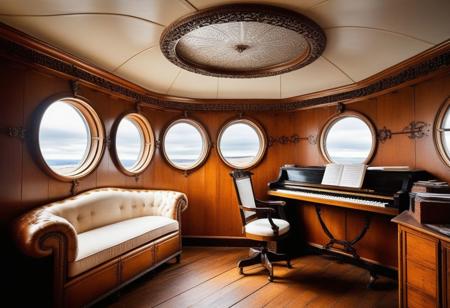 The interior of the wooden airship Iridescent Nimbus is a testament to a bygone era, a blend of rustic charm and timeless elegance. In one of the ship's chambers, a cozy room is adorned with rich wooden paneling and plush furnishings that exude warmth and comfort. A large window dominates one wall, offering a breathtaking view of the endless sky stretching out before it. Outside, fluffy clouds drift lazily by, casting ever-shifting shadows on the wooden floorboards.
The window itself is a masterpiece of craftsmanship, its wooden frame intricately carved with swirling patterns that seem to dance in the sunlight. Panes of glass, polished to a mirror-like sheen, allow the natural light to filter into the room, bathing everything in a soft, golden glow. Through the window, the clouds appear as cottony puffs, their billowing forms casting mesmerizing shadows on the room's interior.
Despite the lack of modern amenities, the room is filled with small touches of luxury and comfort. Plush armchairs beckon invitingly, their cushions plump and inviting. A small writing desk sits in one corner, its surface cluttered with scrolls and quills, evidence of the room's occupant's scholarly pursuits. A crackling fireplace, set into the opposite wall, fills the room with a cozy warmth, its flickering flames casting dancing shadows on the wooden beams overhead.
