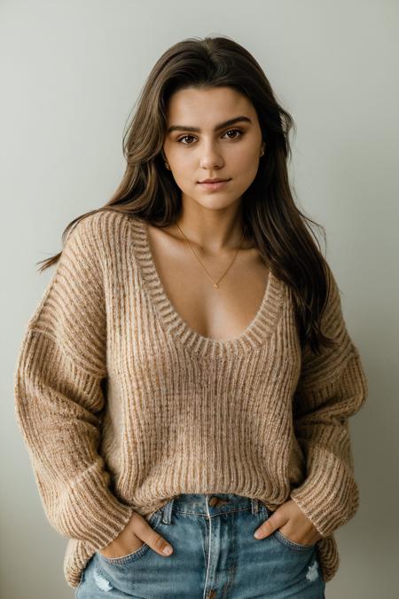 RAW photo of hundeno, face portrait, brown oversized sweater, 8k uhd, dslr, soft lighting, high quality, film grain, Fujifilm XT3, <lora:hundeno:1>