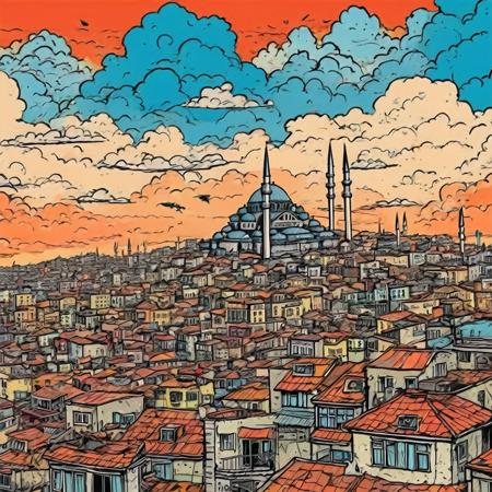 Chaotic stunning istanbul city, skyline, illustrated by hergé, style of tin tin comics, pen and ink. vintage 90's anime style, colorful clouds, symmetric