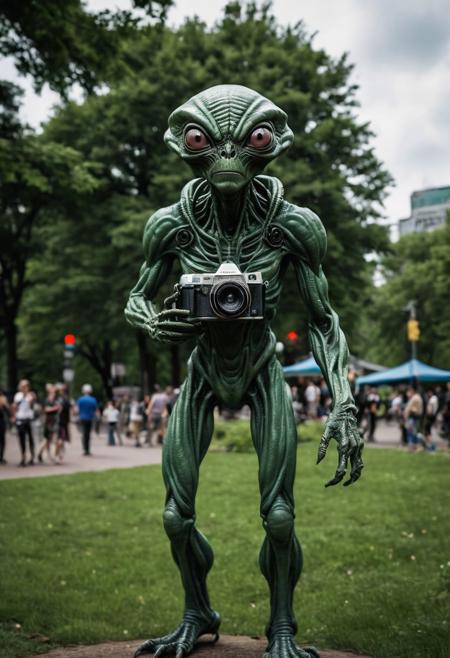 Photograph of an extremely creepy alien who has an old 35mm camera, the alien is taking tourism photos in the city park!
BREAK
,((uhd, 8k photograph taken with Sony A7R III, 1/30sec at f/5.6, ISO 20,000, 12-24mm f/4 at 12mm, slow shutter speed to capture motion blur, fear evoking angles, cinematic horror lighting, frightening shadows, perfect composition, award winning featured photograph, full-length photograph))
ng_deepnegative_v1_75t, epiCRealism, Ellis-RealismBoost