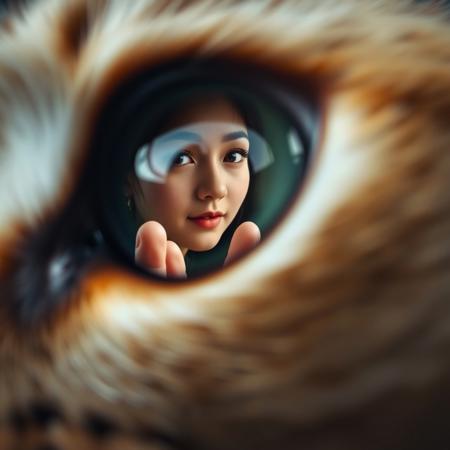 extreme close up portrait of a cat's eye reflecting a beautiful japanese woman reaching out her hand to pet the cat,