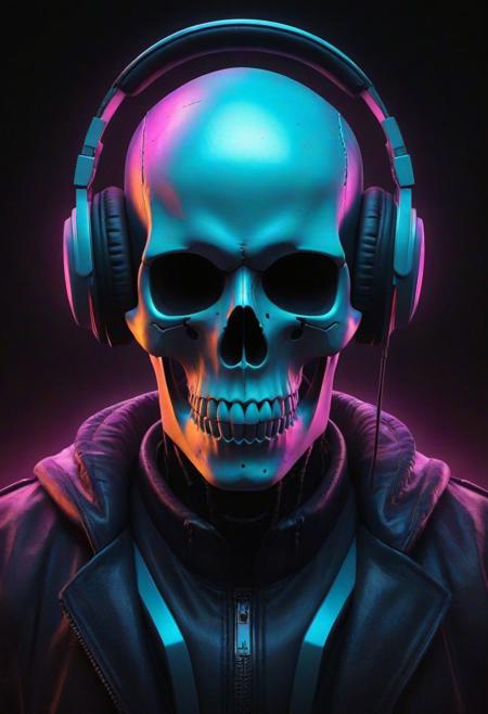 A cybernetic marvel unfolds: A skull adorned with headphones emerges in front of a dark background, creating a ghostpunk aesthetic in this epic digital art piece. This professional and captivating portrait captures the essence of a DJ in the cyber realm, radiating a synthwave vibe. The combination of a death skull and fantasy elements results in a beautiful digital artwork that stands out as the best on ArtStation. This smooth and detailed creation, portraying a night-time raid, exemplifies great digital artistry. With its blend of scary yet colorful elements, this trending digital art piece epitomizes the portrait of a cyber skeleton in a mesmerizing and haunting manner.