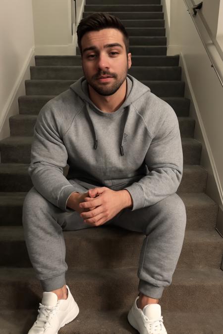 a photo of JordanBrandt, large format photo of a man, anxious facial expression, beard, gray crewneck sweatshirt, jogger sweatpants, slip-on sneakers, sitting on the stairs, arms crossed, under bounced lighting, from below, shot on a Kodak Brownie <lora:JordanBrandtLora:1>