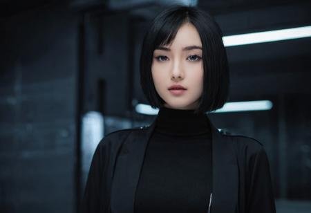 A beautiful young hacker girl from the Deep WEB underworld. Short black hair and dark clothes.