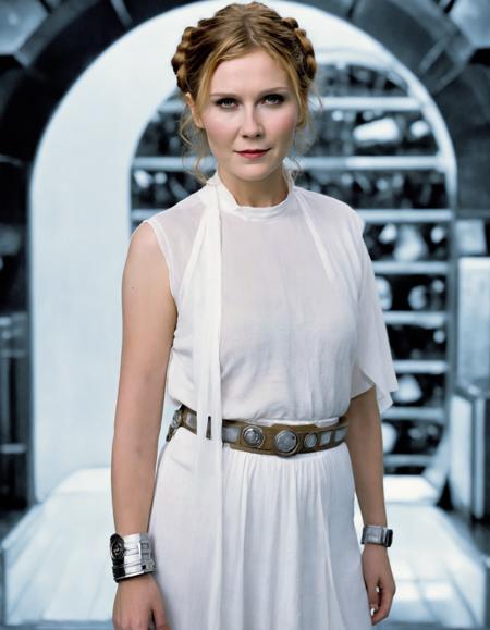 Motion Blur Photography, (ohwx woman:1.0),As Princess Leia from the Star Wars saga, dressed in her iconic white robe and belt, her hair styled into two side buns. She stands in the command center of a Rebel base, her courage and leadership skills evident as she directs her forces against the evil Empire., <lora:dunst_lora_sdxl_v3-000009:1>