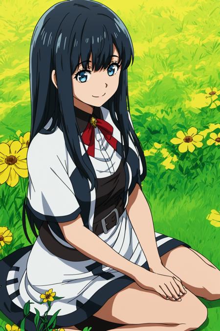 sysdeep_suzune, 1girl, solo, long_hair, smile, bangs, blue_eyes, black_hair, sitting_on_ground, flower_field, summer_dress, white_dress, medium_breasts