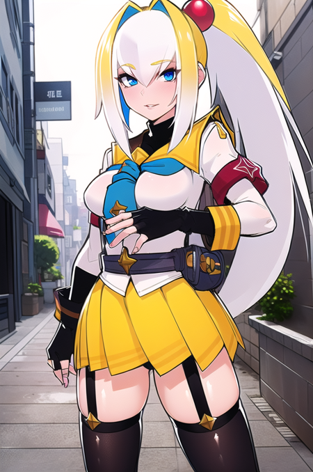 blue eyes (slanted eyes) (small pupil) high ponytail multicolored hair,two-tone hair bangs white hair,blonde hair intakes red hair ornament [lips] blue necktie,yellow school uniform,black thighhighs,black innerwear,garter straps large breasts