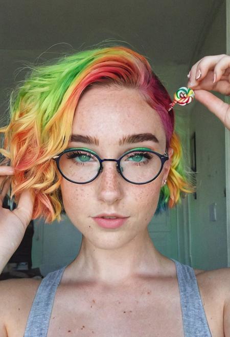 instagram photo, photo of a 28 y.o woman, short intricate hair, rainbow colored hair, green eyes, round glasses, freckles:.5, candy hairpin, mckennagrace, cute face, round face, Perfect detailed eyes, fair skin, wearing top with low neckline, slightsmile:.75, expressionless
