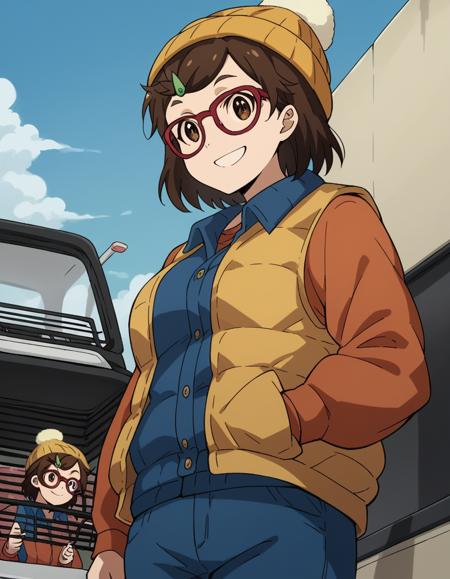 risa aoi, short hair, brown hair, hair ornament, brown eyes, glasses, hairclip, red-framed eyewear, medium breasts, shirt, hat, jacket, pants, vest, beanie, jacket, pants, track jacket, track suit, haori,