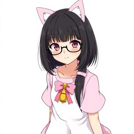 Black hair,  short woman, adult, fringe hairstyle, bob hairstyle, anime, black glasses, pink bow, cat ears, yellow bell necklace with pink ribbon,  white dress, pink dress, short skirt, flared skirt, full body, stocking feet