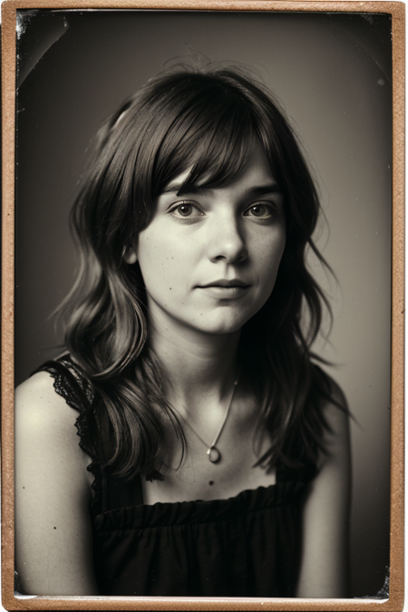 CourtneyBarnett, ((1910s photograph, upper body, portrait, Edwardian attire with a Gibson tuck, soft blush and rosy cheeks, wearing a cotton chemise with square neckline, ruffled cuffs, and delicate lace trim, antique setting)), Century Camera Co. Studio, 160mm f/8, 1/10s, ISO 25, ((tintype))