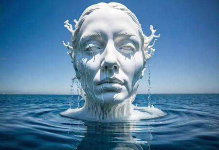 there is a white sculpture in the middle of the water, sculpture made of water, rising from ocean, deep ocean sculpture, surreal water art, made purely out of water, futuristic architectural art, liquid sculpture, emerging from the water, gigantic woman head, giant sculpture, face in water, high quality architectural art, water art manipulation, 3 d sculpture