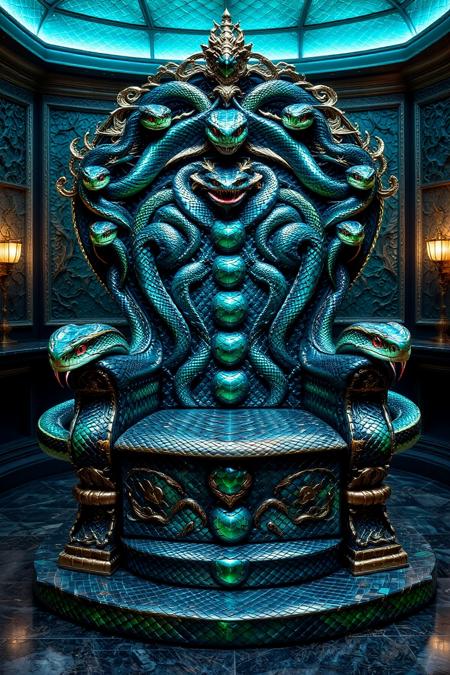 sn4k3. A majestic throne covered in iridescent sn4k3 skin, with armrests shaped like coiled serpents and emerald eyes that seem to watch the room.